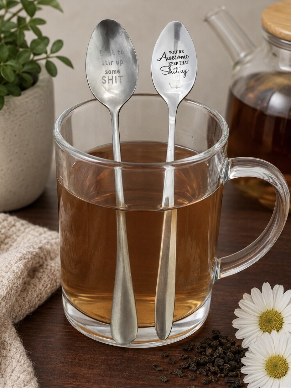 Add a little humor to your coffee, tea, or dessert time with this fun set of eng